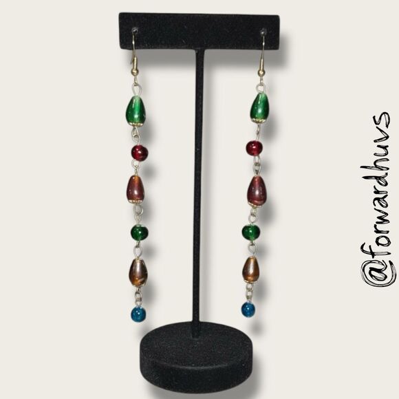 Handmade Long Glass Bead Earrings – Irregular Shape, Artisan Dangle, Boho Style - Picture 1 of 9
